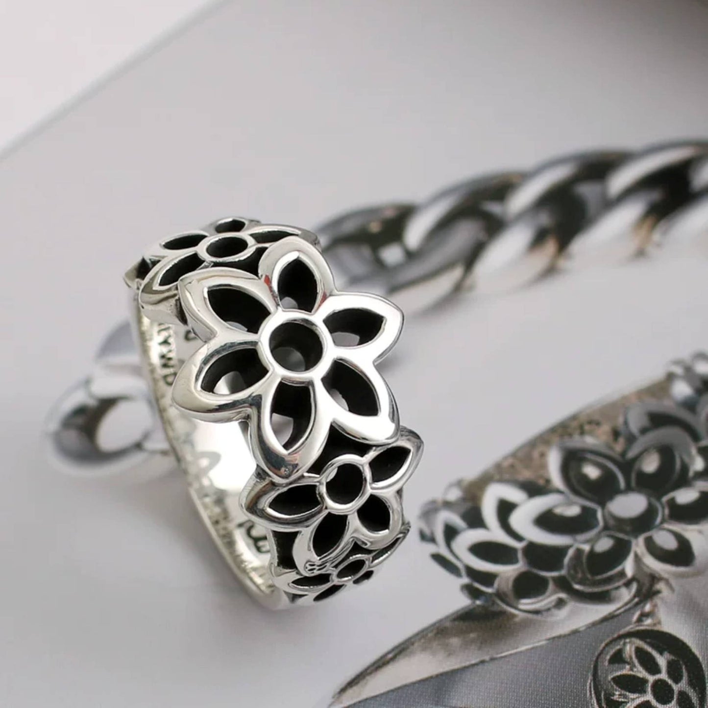 Good Art GA Cherry Blossoms Shape Ring, 925 Sterling Silver Punk Statement Ring for Couples