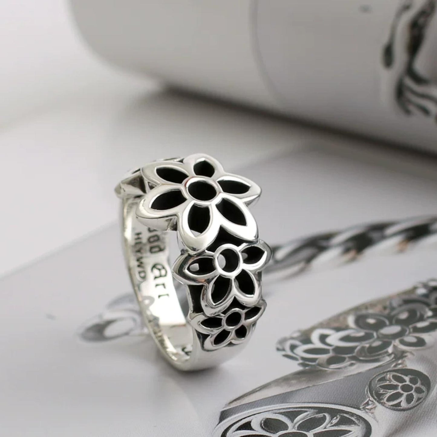 Good Art GA Cherry Blossoms Shape Ring, 925 Sterling Silver Punk Statement Ring for Couples