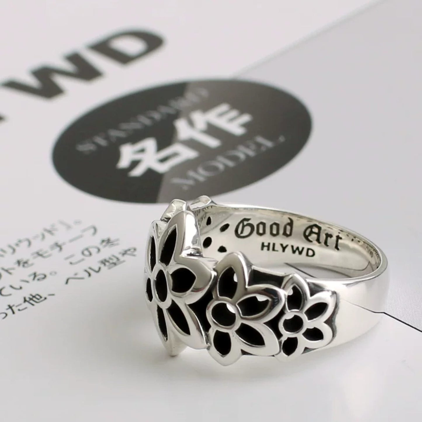 Good Art GA Cherry Blossoms Shape Ring, 925 Sterling Silver Punk Statement Ring for Couples