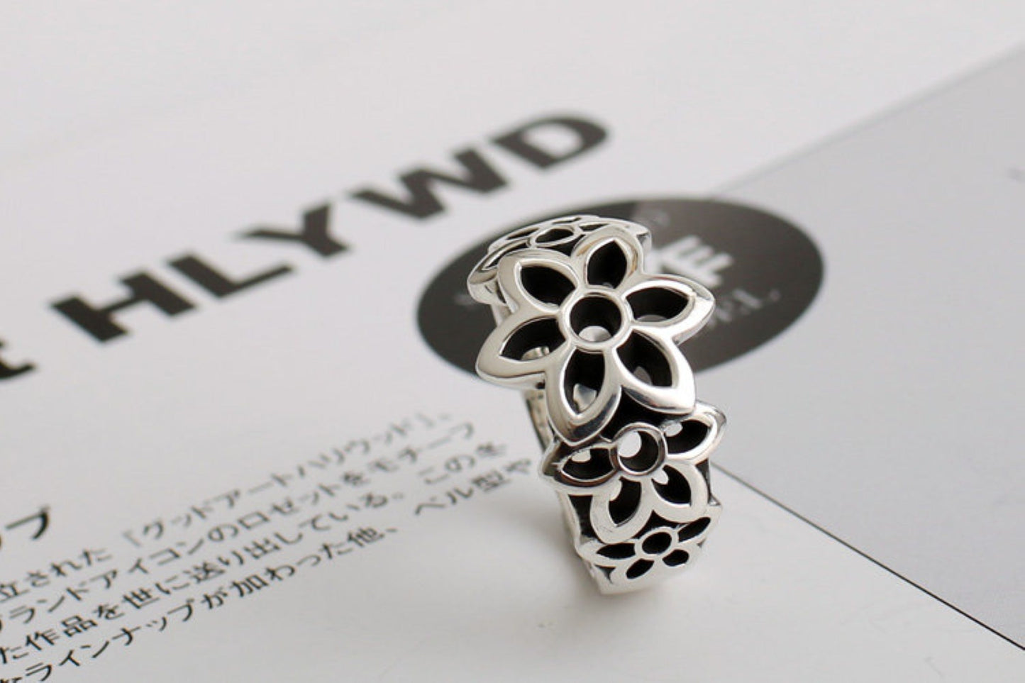 Good Art GA Cherry Blossoms Shape Ring, 925 Sterling Silver Punk Statement Ring for Couples