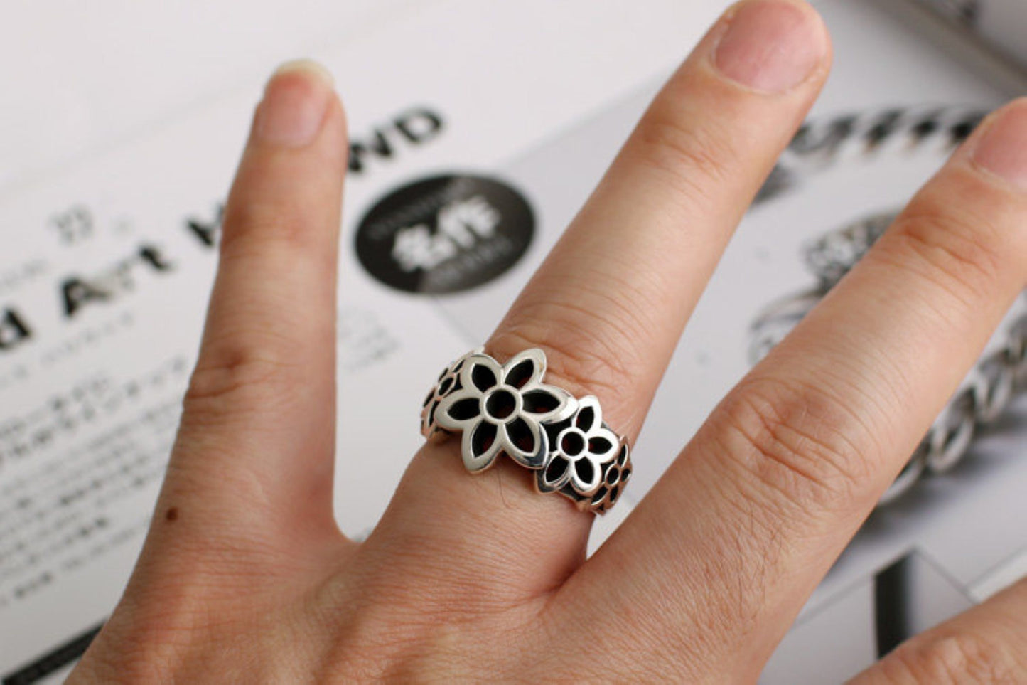 Good Art GA Cherry Blossoms Shape Ring, 925 Sterling Silver Punk Statement Ring for Couples