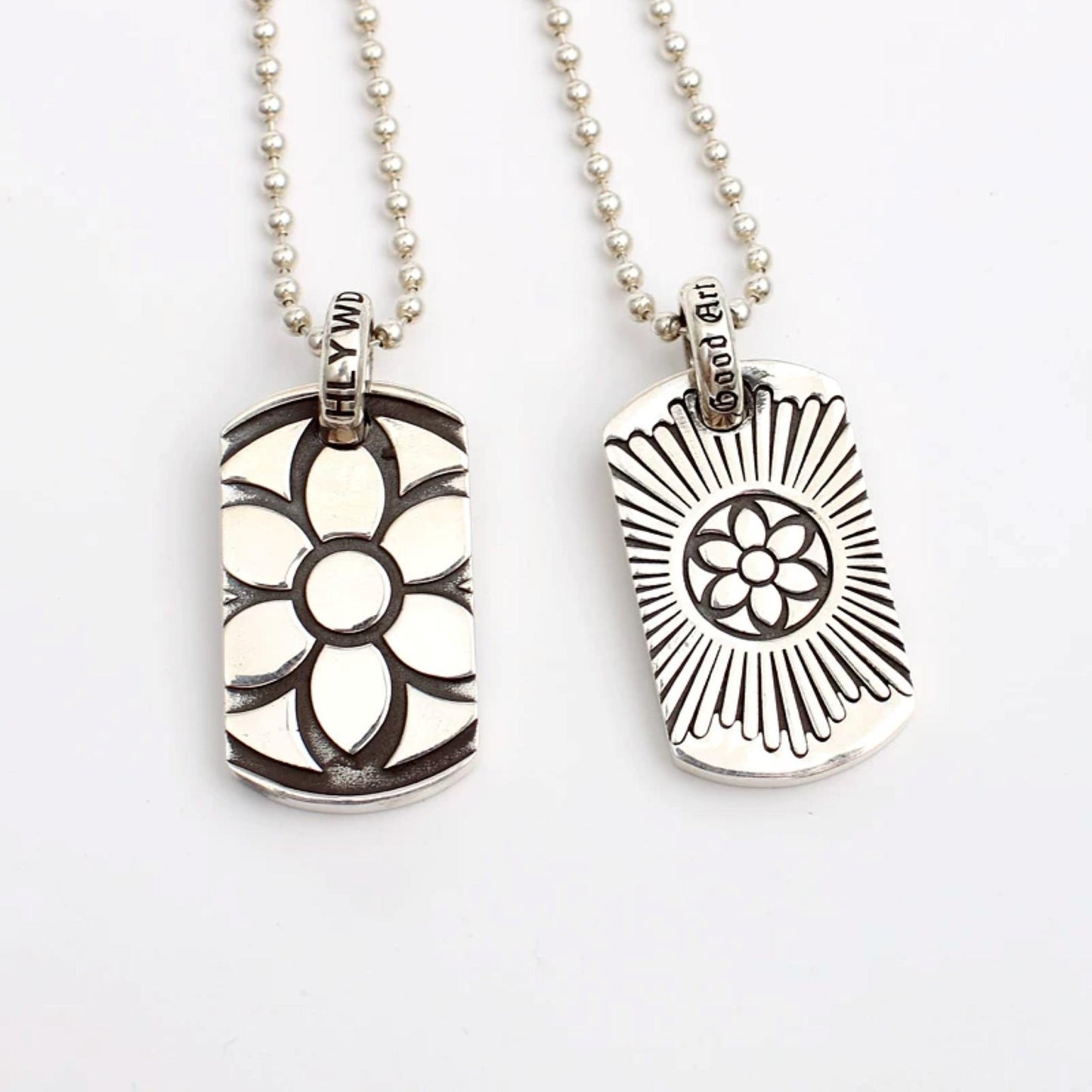 Good Art Cherry Blossom Dog Tag Pendant, GA Sterling Silver Punk Statement Charm Ball Chain Necklace