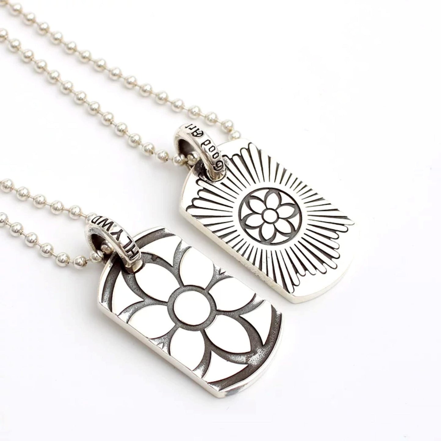 Good Art Cherry Blossom Dog Tag Pendant, GA Sterling Silver Punk Statement Charm Ball Chain Necklace