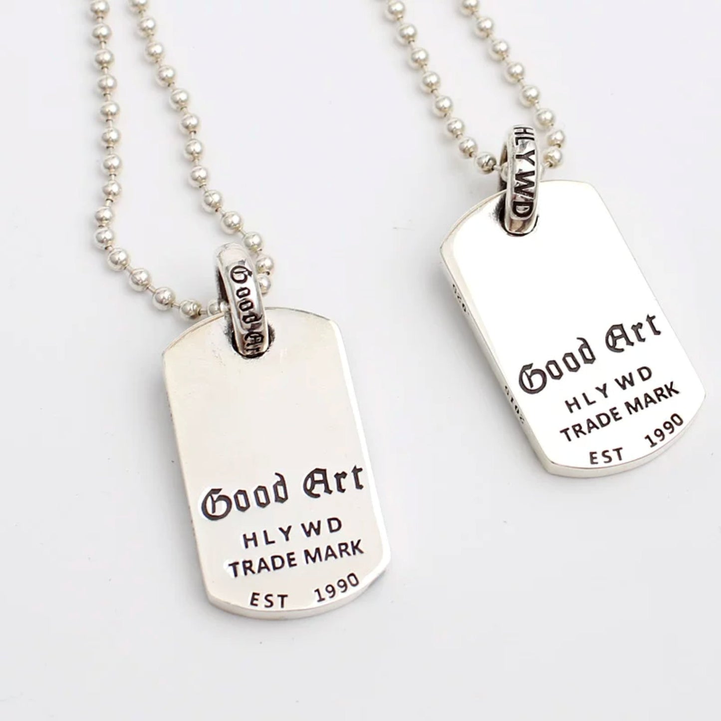 Good Art Cherry Blossom Dog Tag Pendant, GA Sterling Silver Punk Statement Charm Ball Chain Necklace