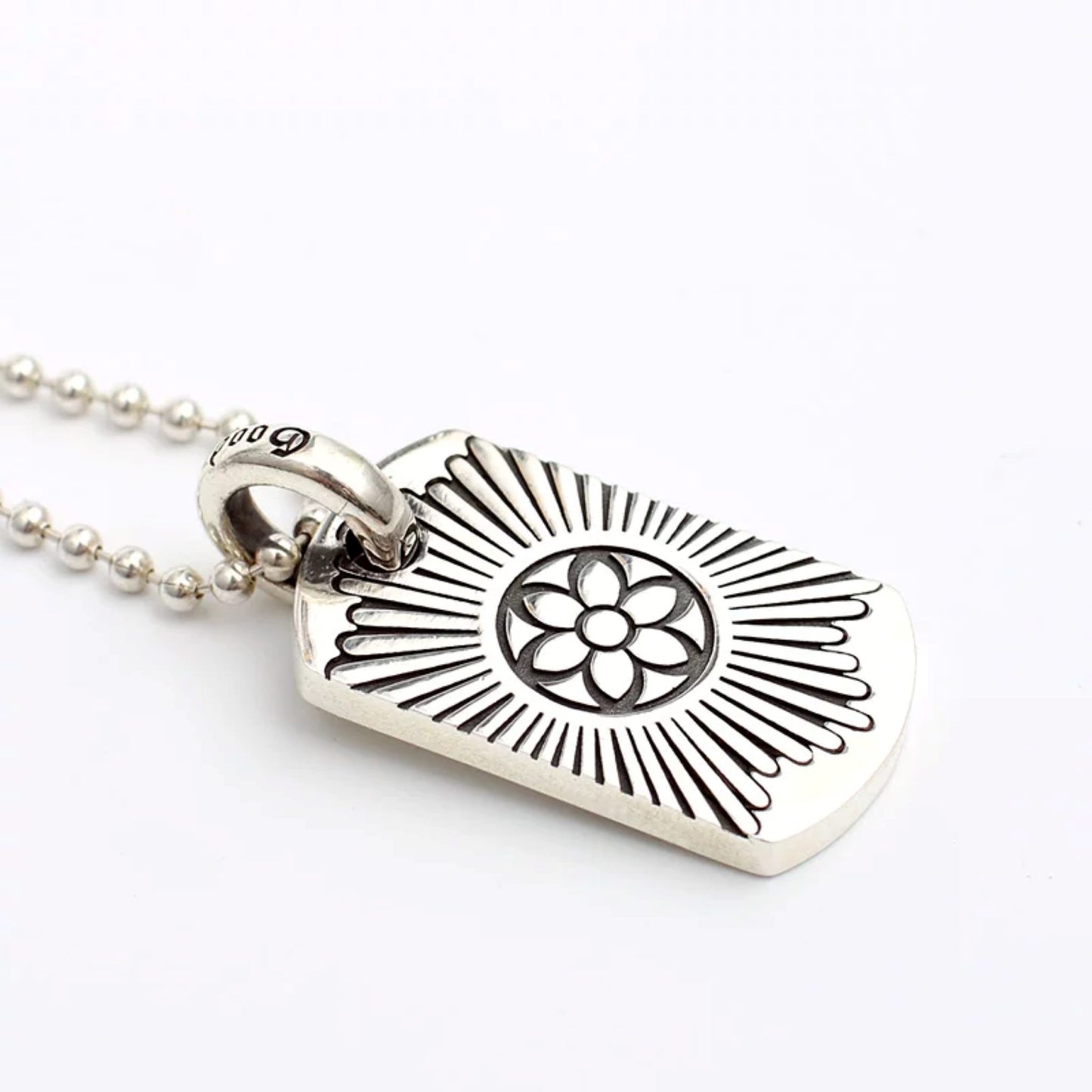 Good Art Cherry Blossom Dog Tag Pendant, GA Sterling Silver Punk Statement Charm Ball Chain Necklace