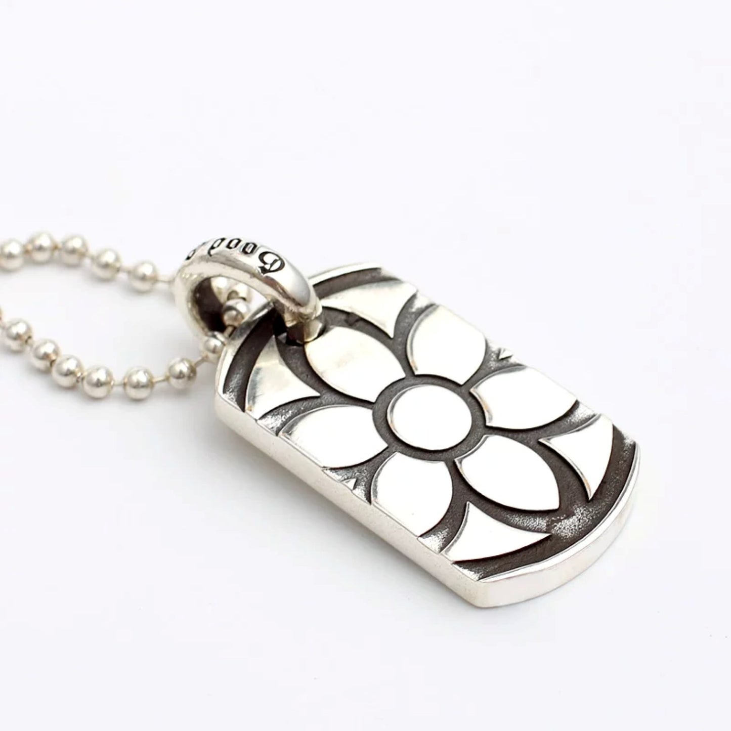Good Art Cherry Blossom Dog Tag Pendant, GA Sterling Silver Punk Statement Charm Ball Chain Necklace