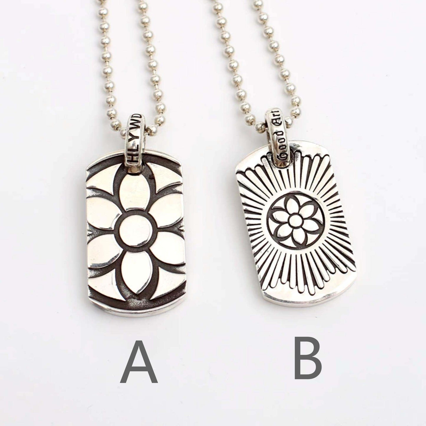 Good Art Cherry Blossom Dog Tag Pendant, GA Sterling Silver Punk Statement Charm Ball Chain Necklace