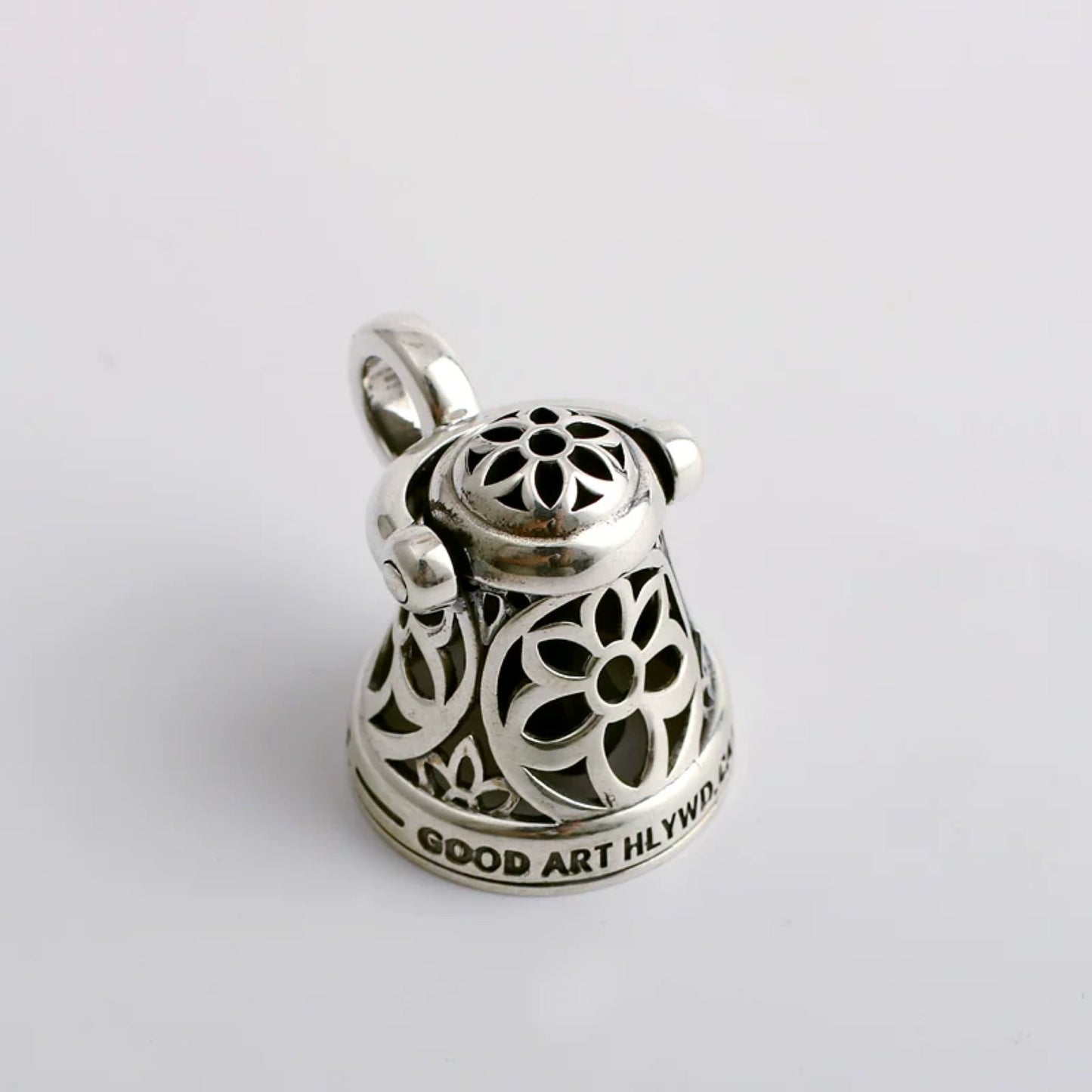 Good Art Hollow Cherry Blossom Bell Charm, GA Sterling Silver Wind Chime Pendant Necklace