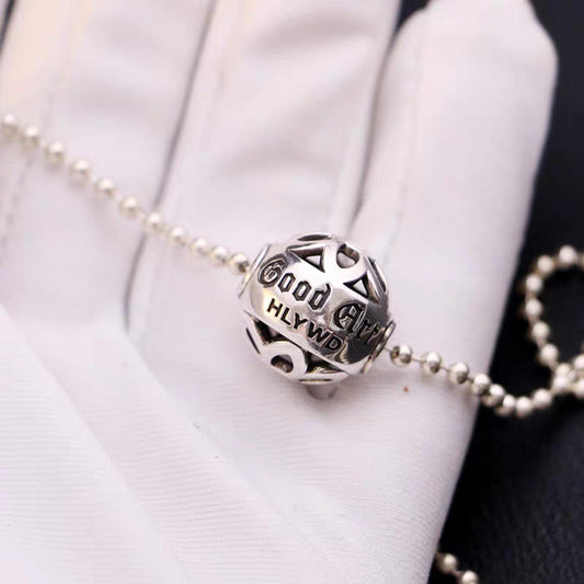 Sterling Silver Hollow Cherry Blossoms Ball Pendant, Good Art Punk Statement Charm Ball Chain Necklace