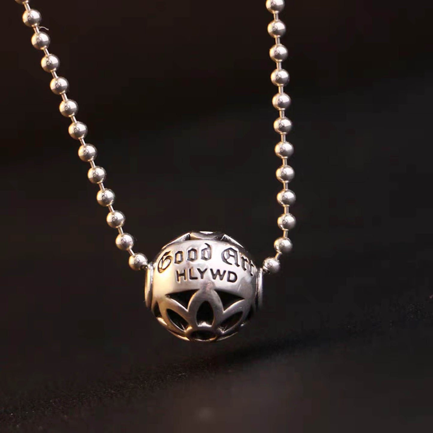 Sterling Silver Hollow Cherry Blossoms Ball Pendant, Good Art Punk Statement Charm Ball Chain Necklace