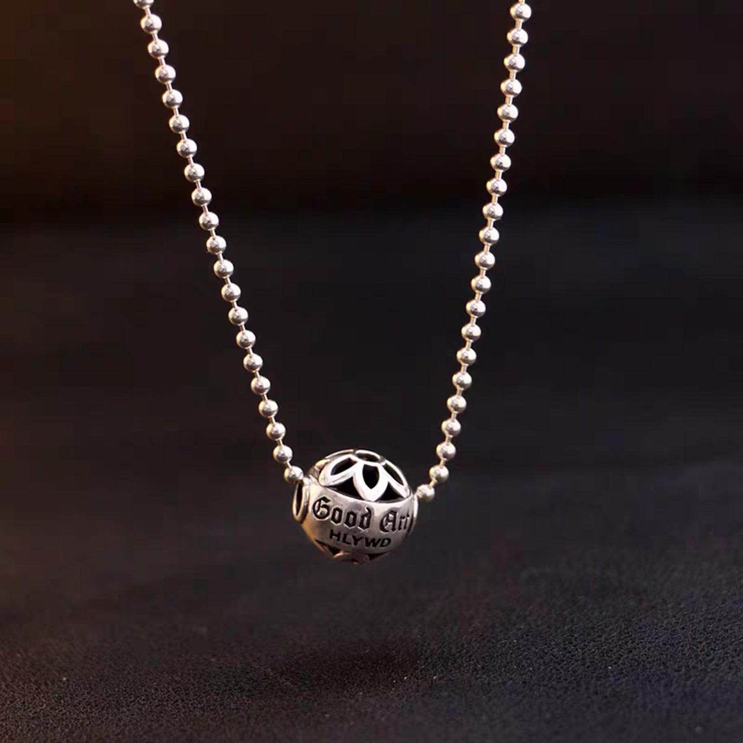 Sterling Silver Hollow Cherry Blossoms Ball Pendant, Good Art Punk Statement Charm Ball Chain Necklace
