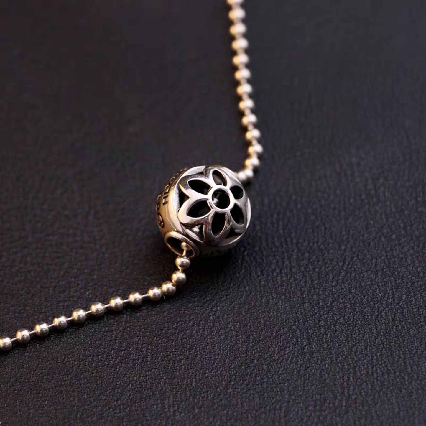 Sterling Silver Hollow Cherry Blossoms Ball Pendant, Good Art Punk Statement Charm Ball Chain Necklace