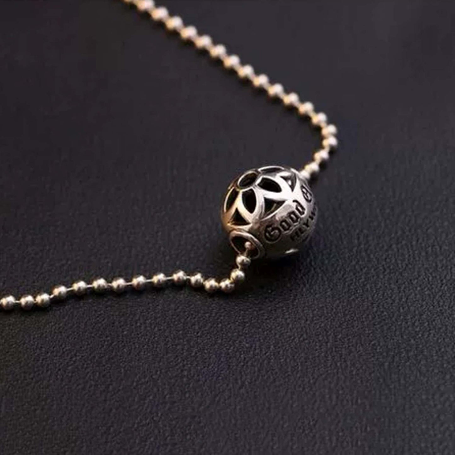 Sterling Silver Hollow Cherry Blossoms Ball Pendant, Good Art Punk Statement Charm Ball Chain Necklace