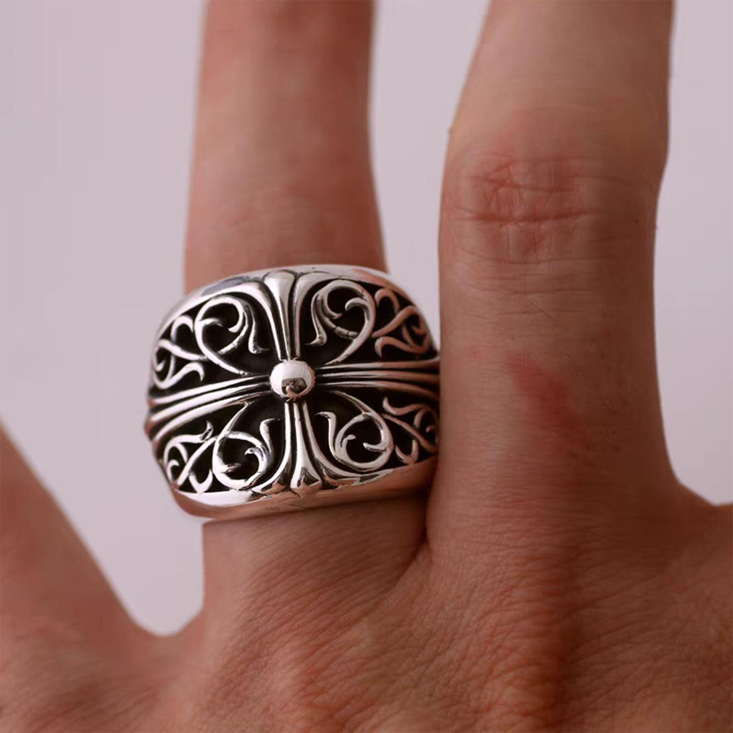 Sterling Silver Gothic Cross & Rattan Ring, Silver Punk Statement Rings, Couples Relationship Ring