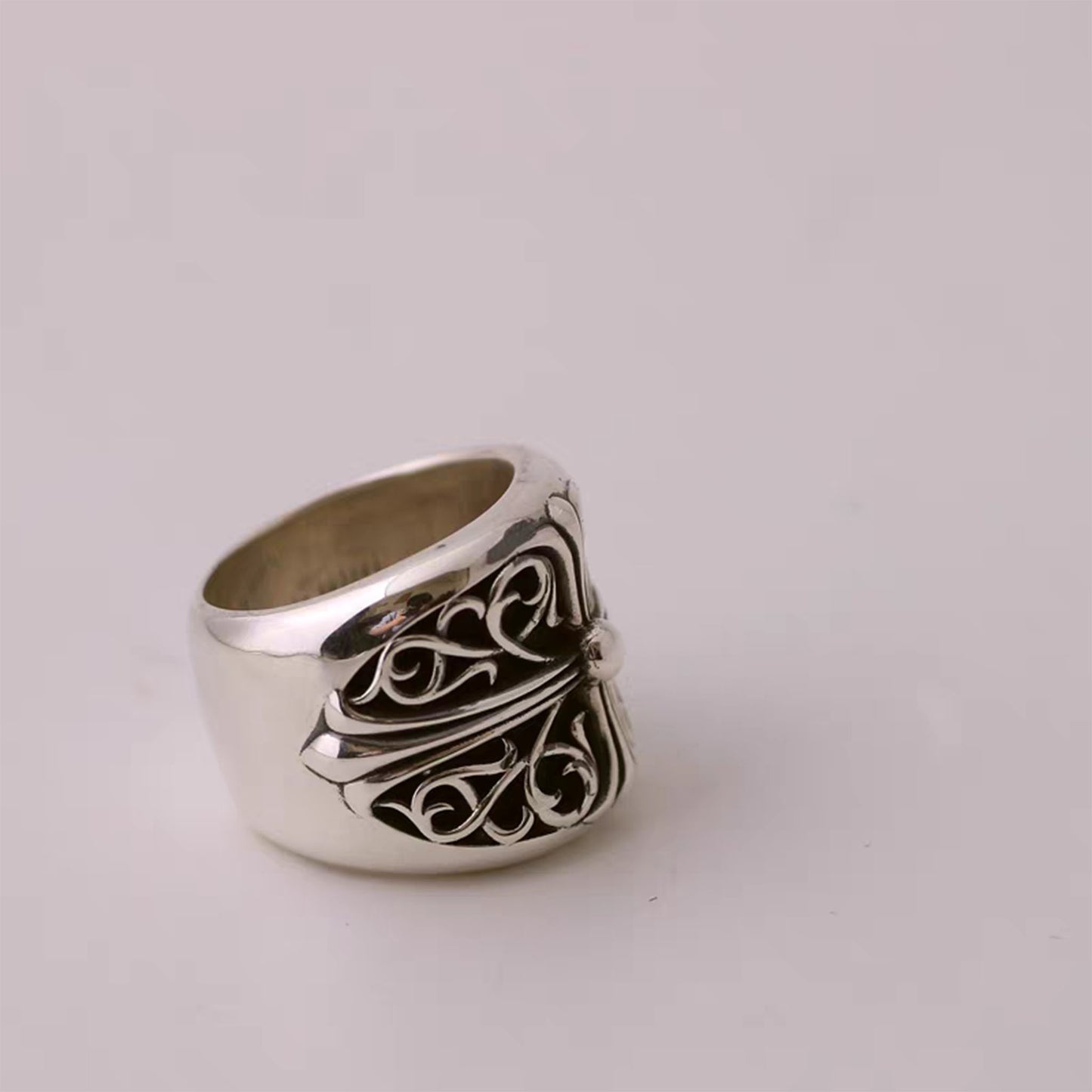 Sterling Silver Gothic Cross & Rattan Ring, Silver Punk Statement Rings, Couples Relationship Ring