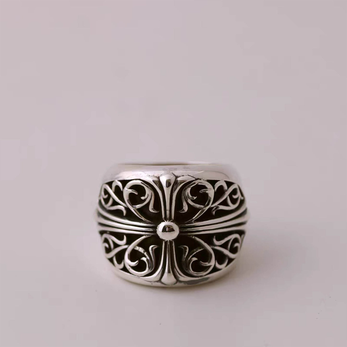 Sterling Silver Gothic Cross & Rattan Ring, Silver Punk Statement Rings, Couples Relationship Ring