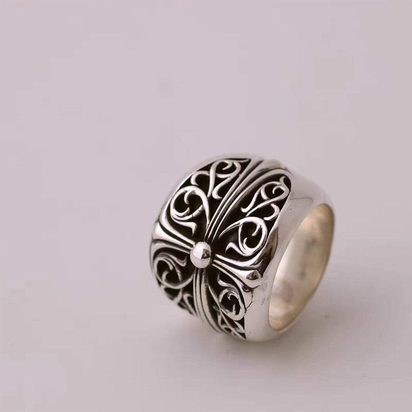 Sterling Silver Gothic Cross & Rattan Ring, Silver Punk Statement Rings, Couples Relationship Ring