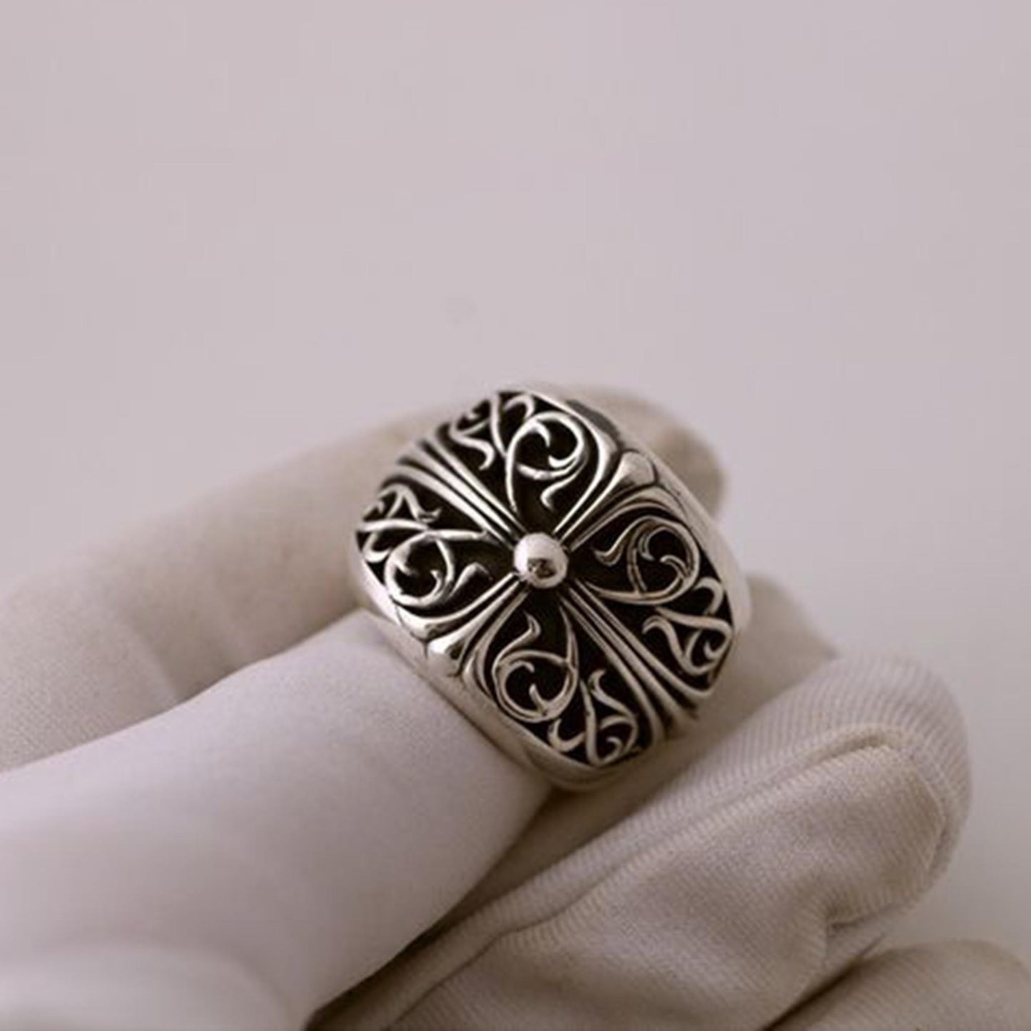 Sterling Silver Gothic Cross & Rattan Ring, Silver Punk Statement Rings, Couples Relationship Ring