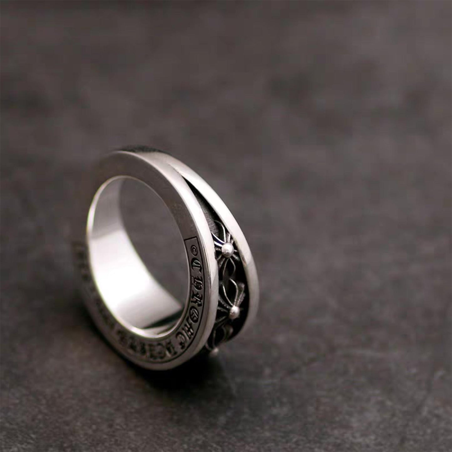 Sterling Silver Gothic Cross Flower Ring, Silver Punk Statement Rings, Bevel Angle Couples Relationship Ring