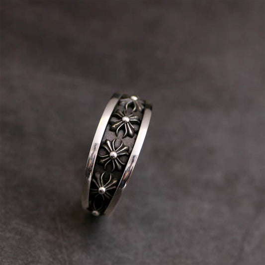 Sterling Silver Gothic Cross Flower Ring, Silver Punk Statement Rings, Bevel Angle Couples Relationship Ring