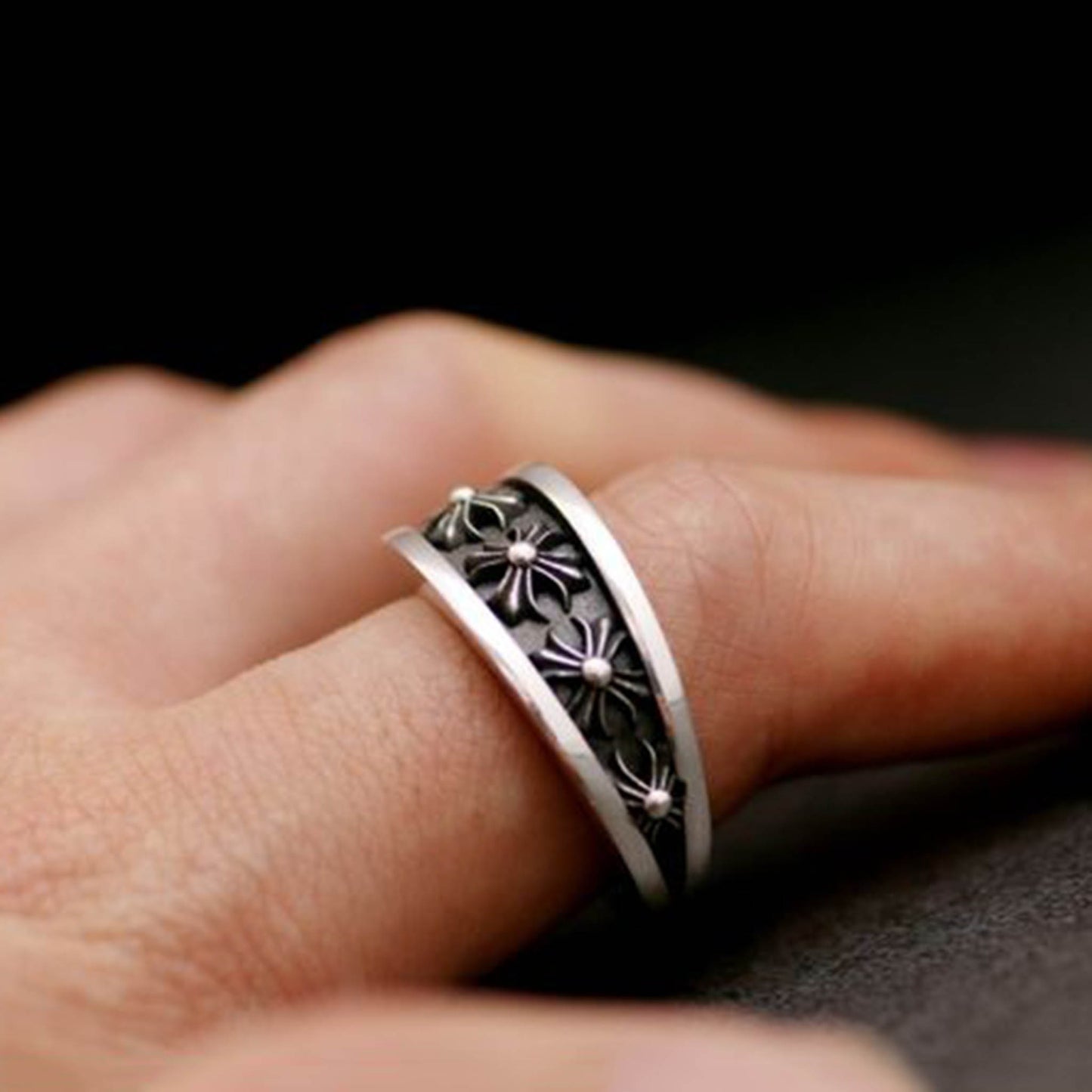 Sterling Silver Gothic Cross Flower Ring, Silver Punk Statement Rings, Bevel Angle Couples Relationship Ring