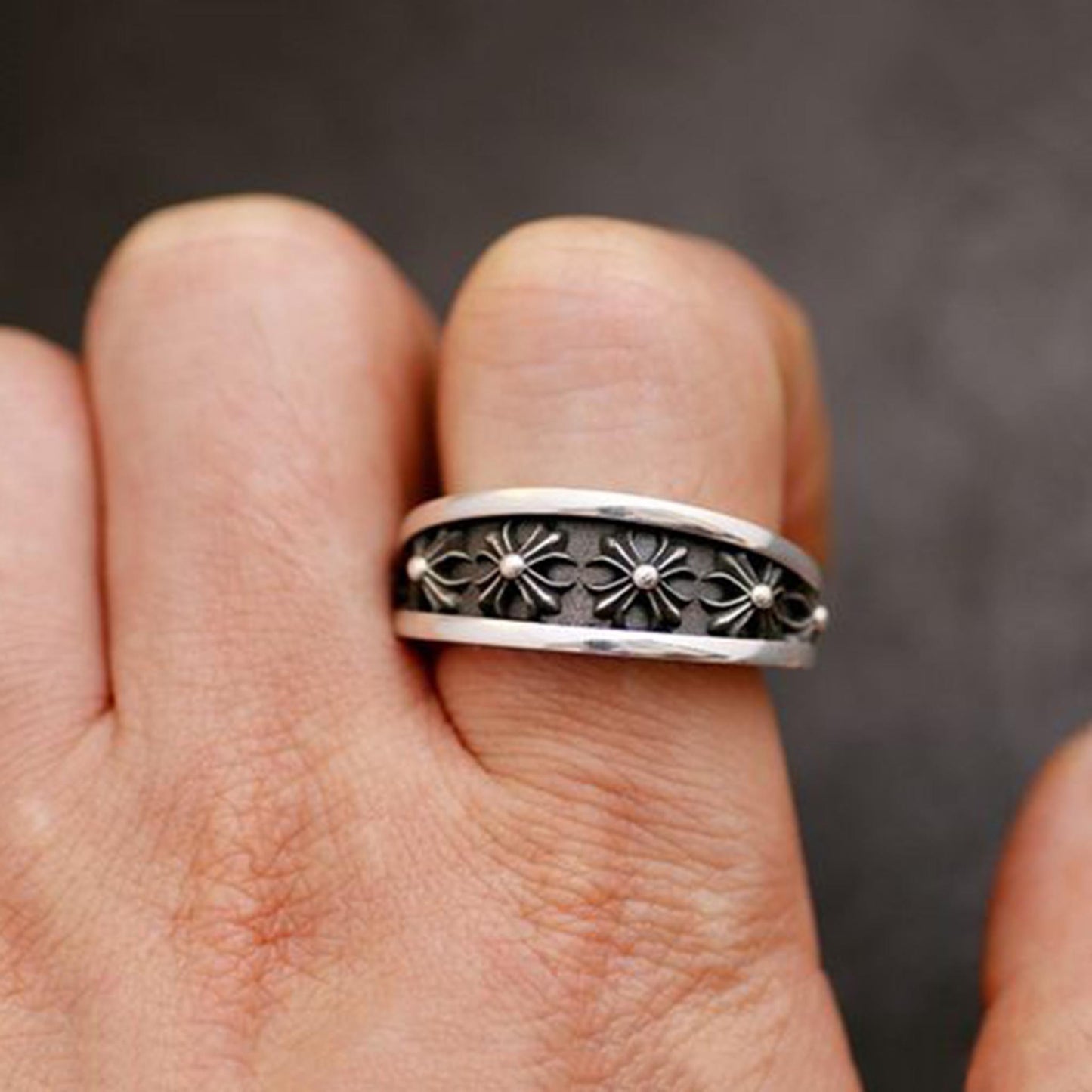 Sterling Silver Gothic Cross Flower Ring, Silver Punk Statement Rings, Bevel Angle Couples Relationship Ring