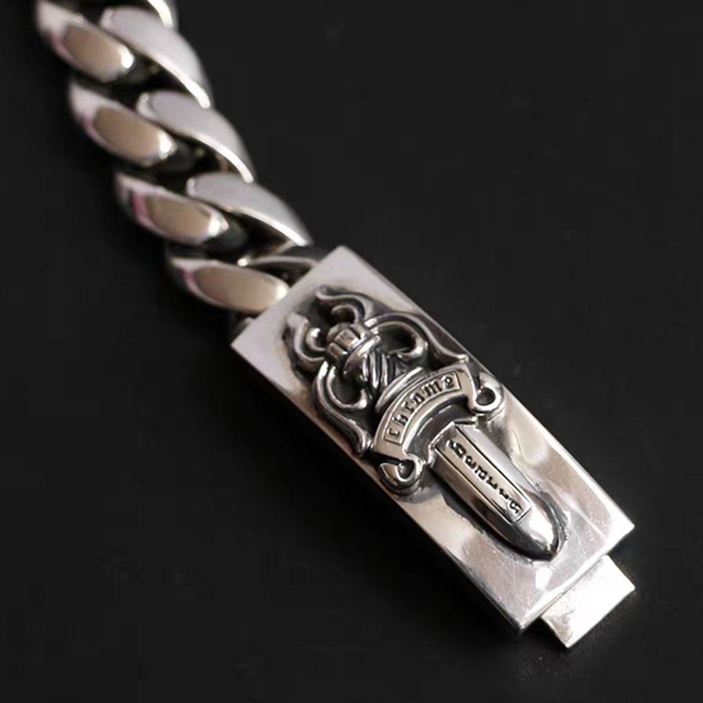 Sterling Silver Cuban Link Bracelet, Gothic Dagger Design Silver Bracelets, Punk Chunky Chain Bracelet