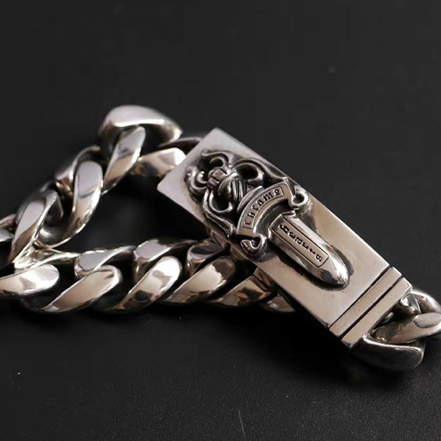 Sterling Silver Cuban Link Bracelet, Gothic Dagger Design Silver Bracelets, Punk Chunky Chain Bracelet