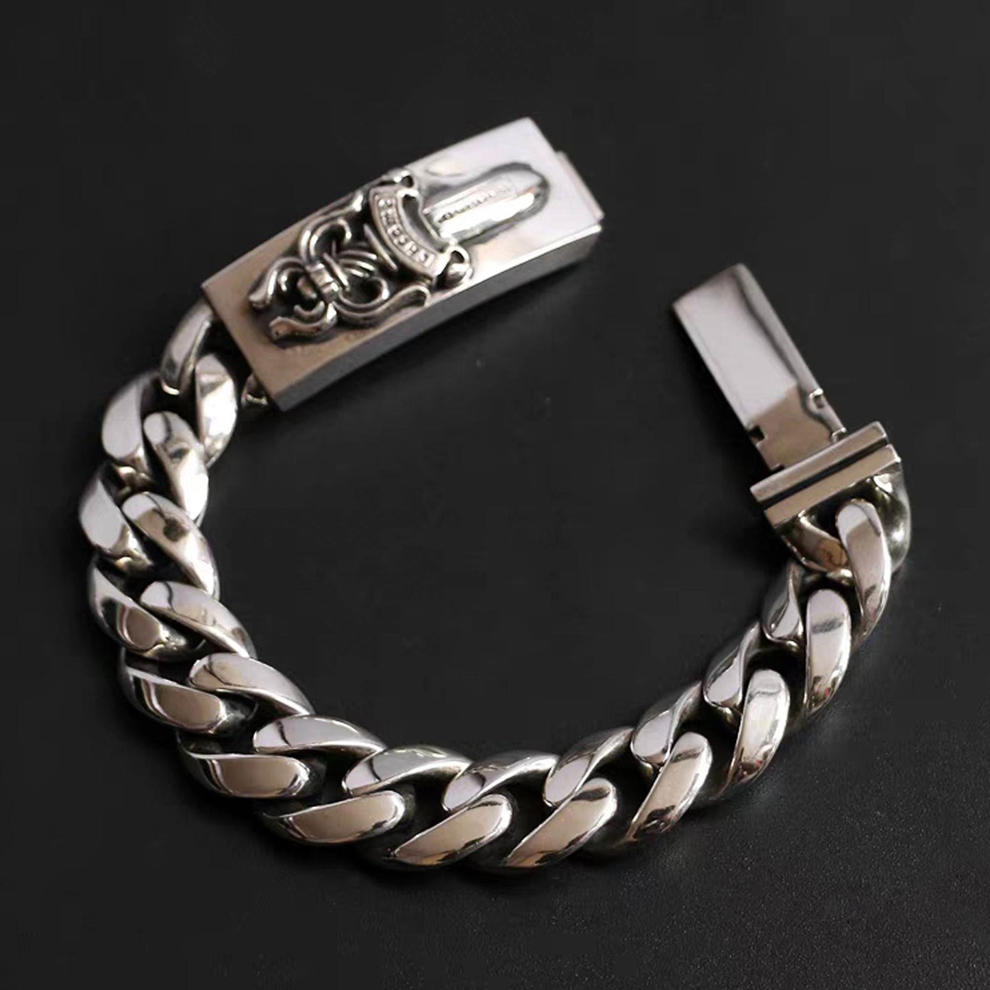 Sterling Silver Cuban Link Bracelet, Gothic Dagger Design Silver Bracelets, Punk Chunky Chain Bracelet