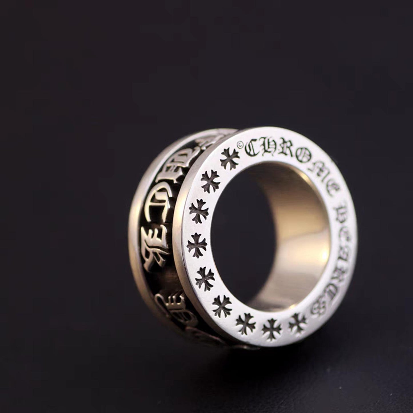 Sterling Silver Gothic Cross & Letters Engraved Spinner Ring, Punk Statement Silver Rings, Romantic Gift for Him