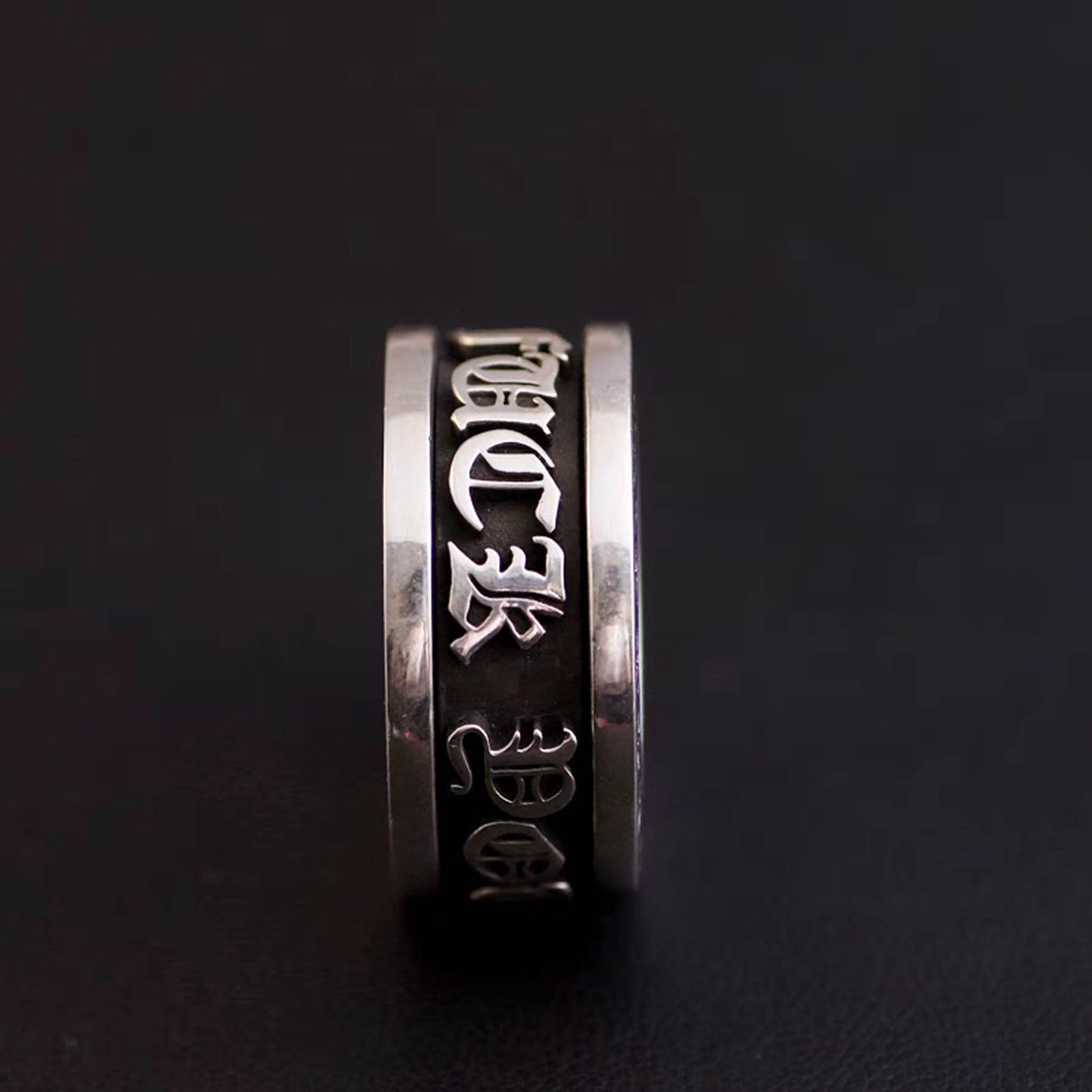 Sterling Silver Gothic Cross & Letters Engraved Spinner Ring, Punk Statement Silver Rings, Romantic Gift for Him