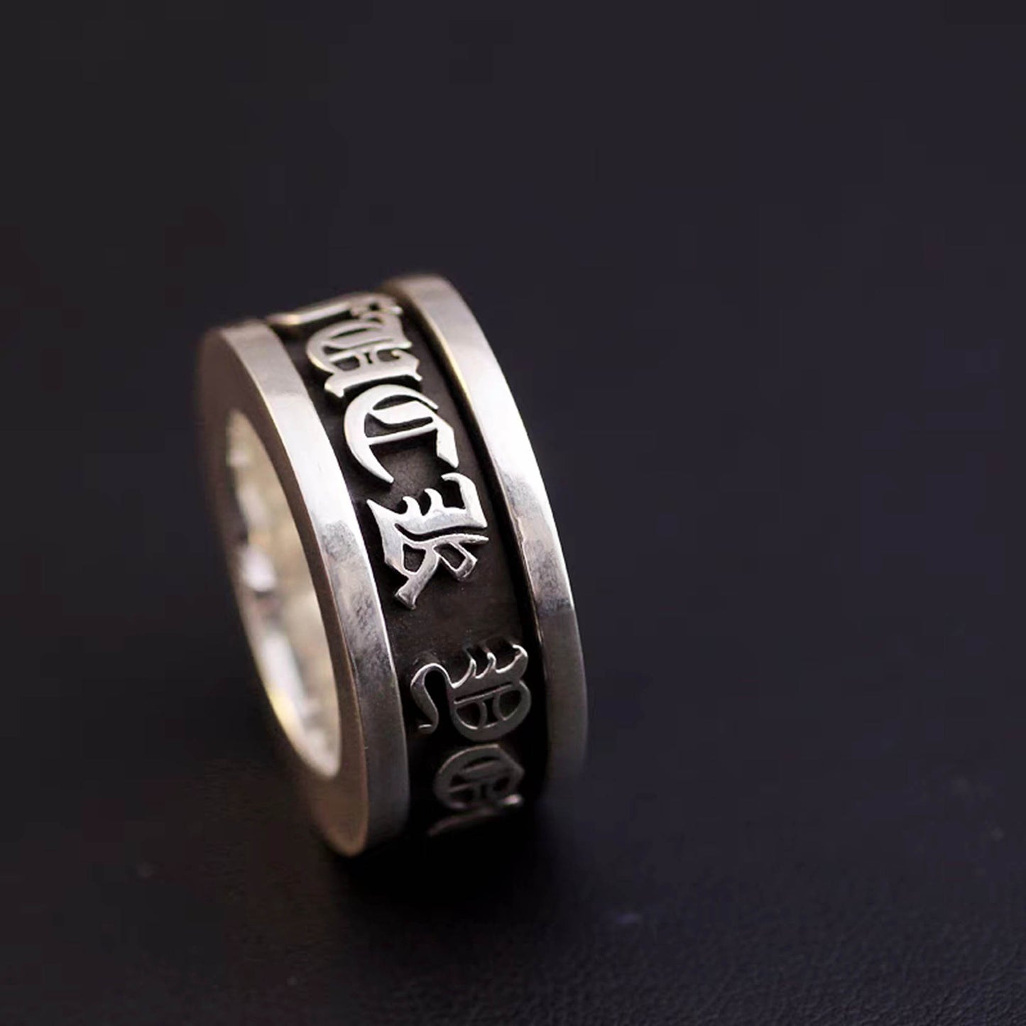 Sterling Silver Gothic Cross & Letters Engraved Spinner Ring, Punk Statement Silver Rings, Romantic Gift for Him