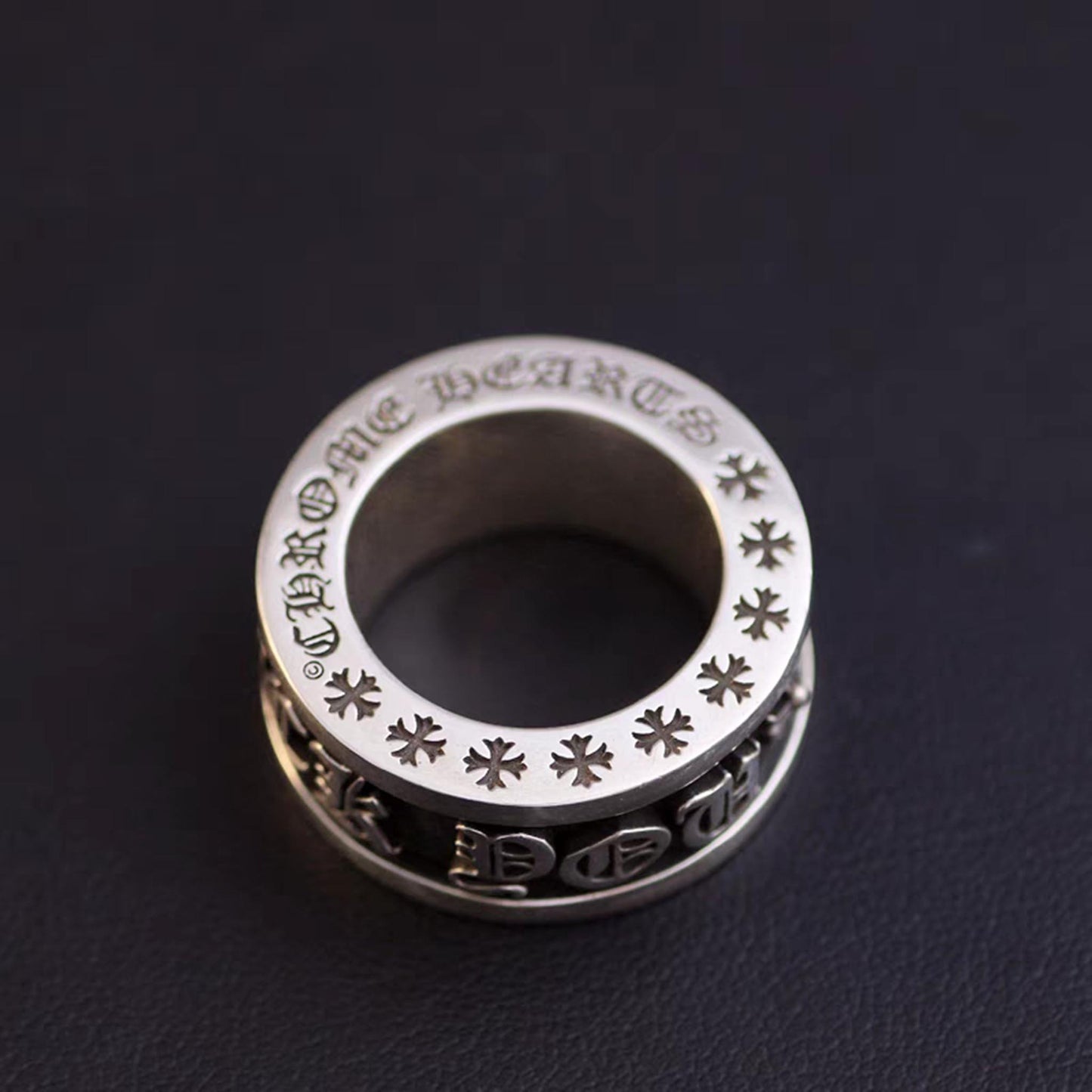 Sterling Silver Gothic Cross & Letters Engraved Spinner Ring, Punk Statement Silver Rings, Romantic Gift for Him