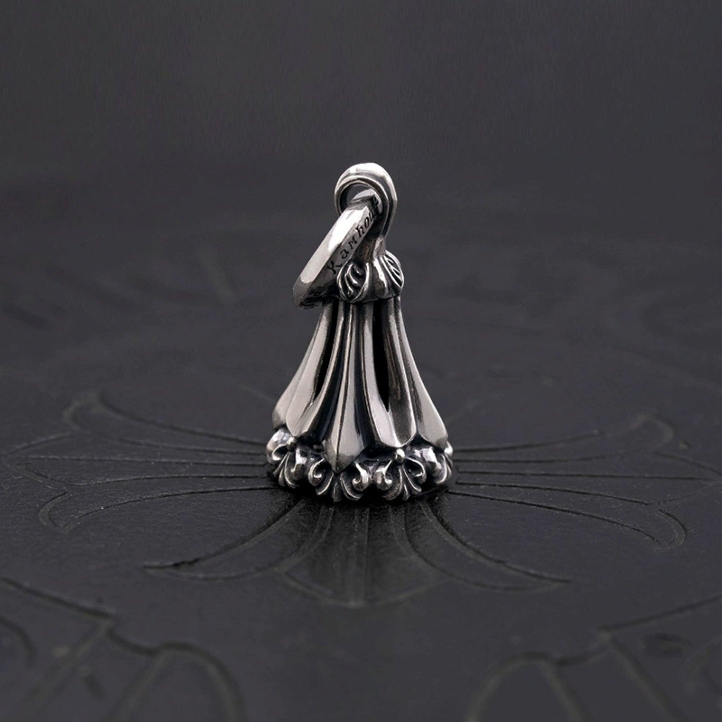 Lone Ones Chrome Bell Pendant, Hollow Cross Retro Punk Statement 925 Silver Bell Charm