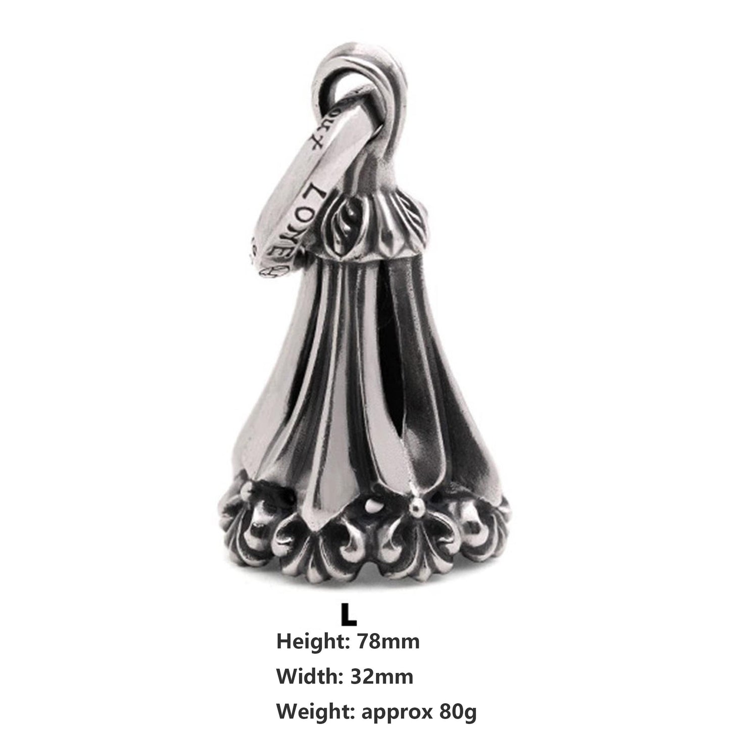 Lone Ones Chrome Bell Pendant, Hollow Cross Retro Punk Statement 925 Silver Bell Charm