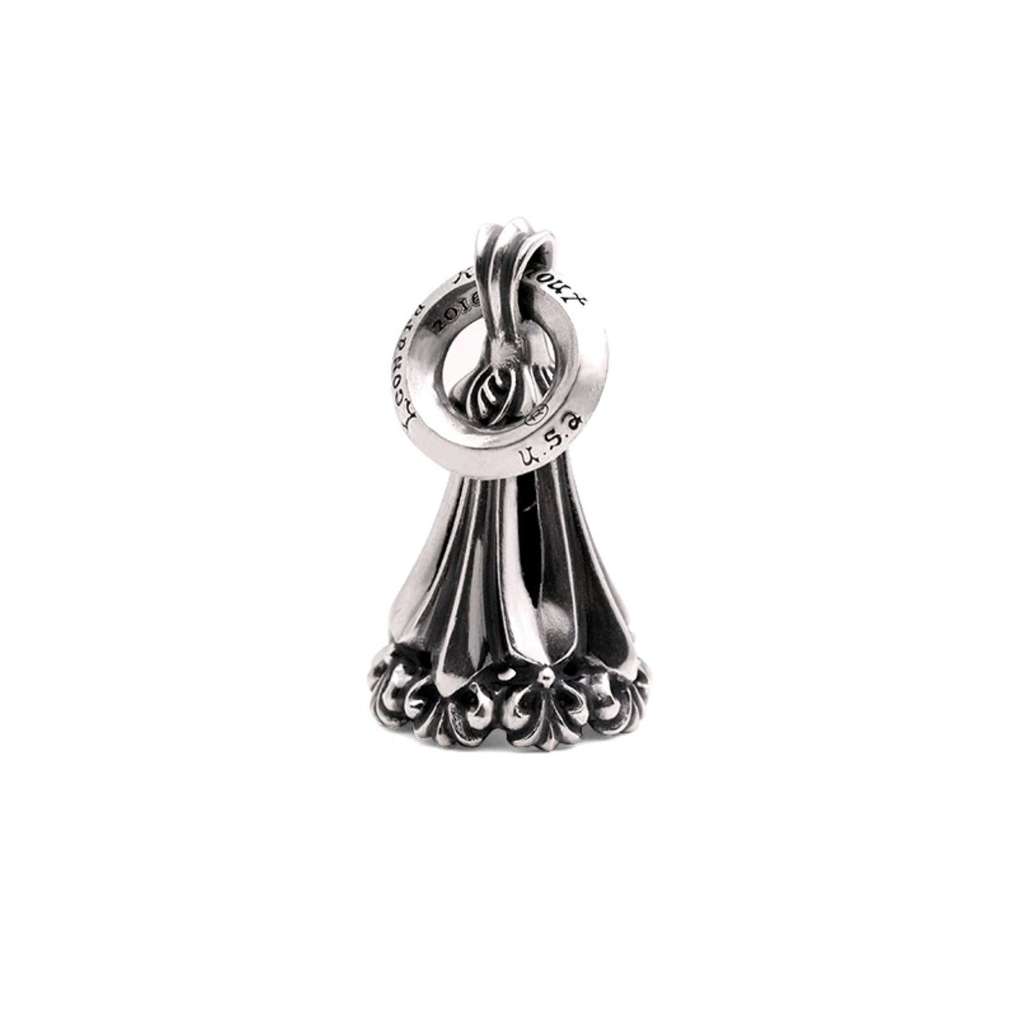 Lone Ones Chrome Bell Pendant, Hollow Cross Retro Punk Statement 925 Silver Bell Charm