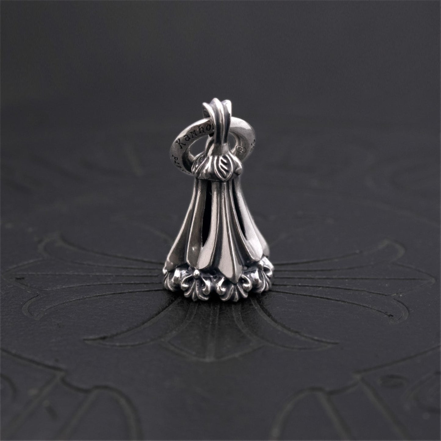 Lone Ones Chrome Bell Pendant, Hollow Cross Retro Punk Statement 925 Silver Bell Charm