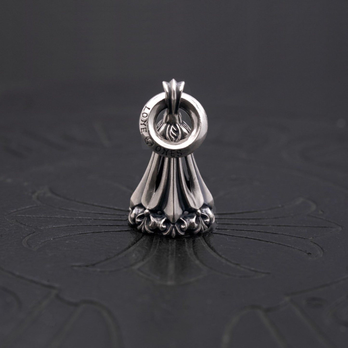 Lone Ones Chrome Bell Pendant, Hollow Cross Retro Punk Statement 925 Silver Bell Charm