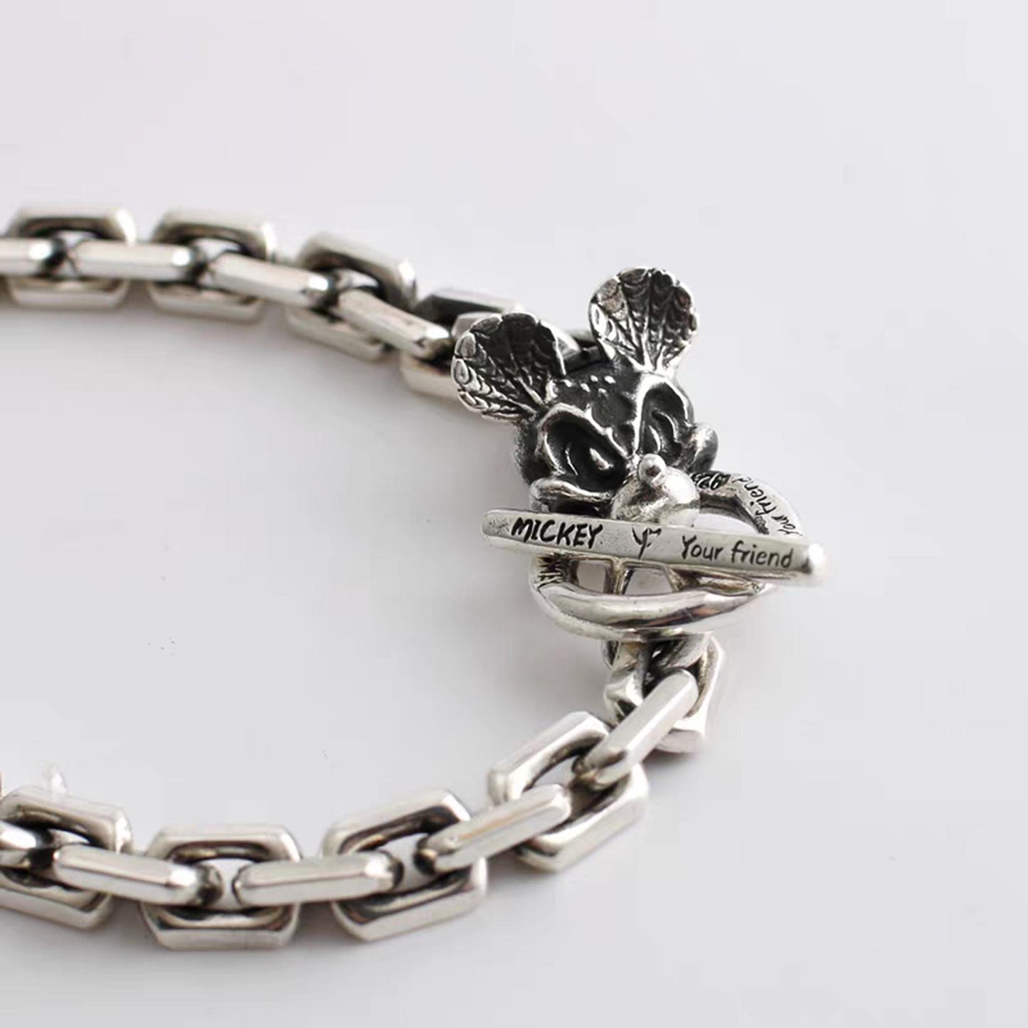 Sterling Silver Gothic Mickey Graffiti Design Chain Bracelet, Silver Punk Statement Bracelets