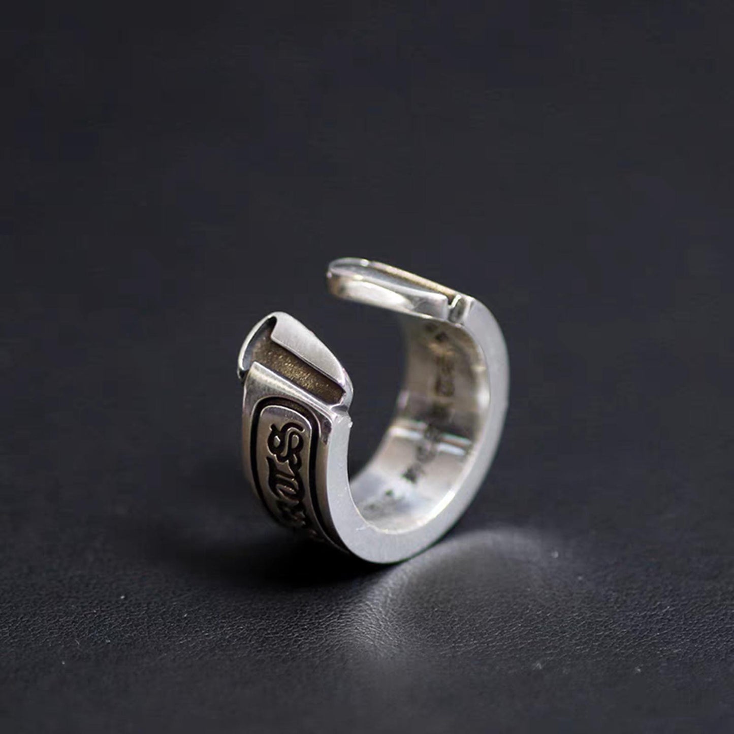 Sterling Silver Couple Rings, Gothic Letters Engraved Reel Ring, Punk Statement Relationship Ring, Horseshoe Open Ring