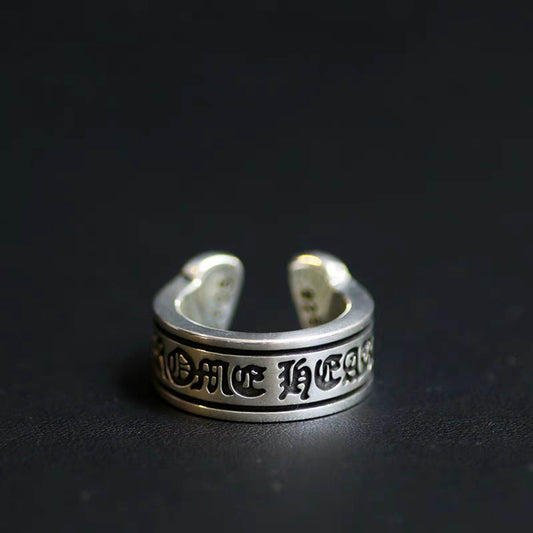 Sterling Silver Couple Rings, Gothic Letters Engraved Reel Ring, Punk Statement Relationship Ring, Horseshoe Open Ring