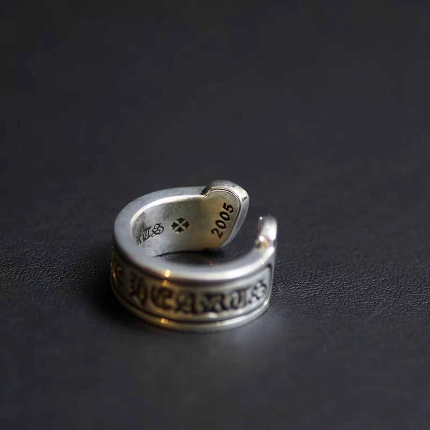 Sterling Silver Couple Rings, Gothic Letters Engraved Reel Ring, Punk Statement Relationship Ring, Horseshoe Open Ring