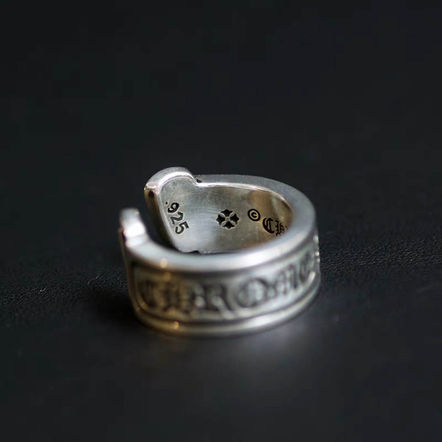 Sterling Silver Couple Rings, Gothic Letters Engraved Reel Ring, Punk Statement Relationship Ring, Horseshoe Open Ring