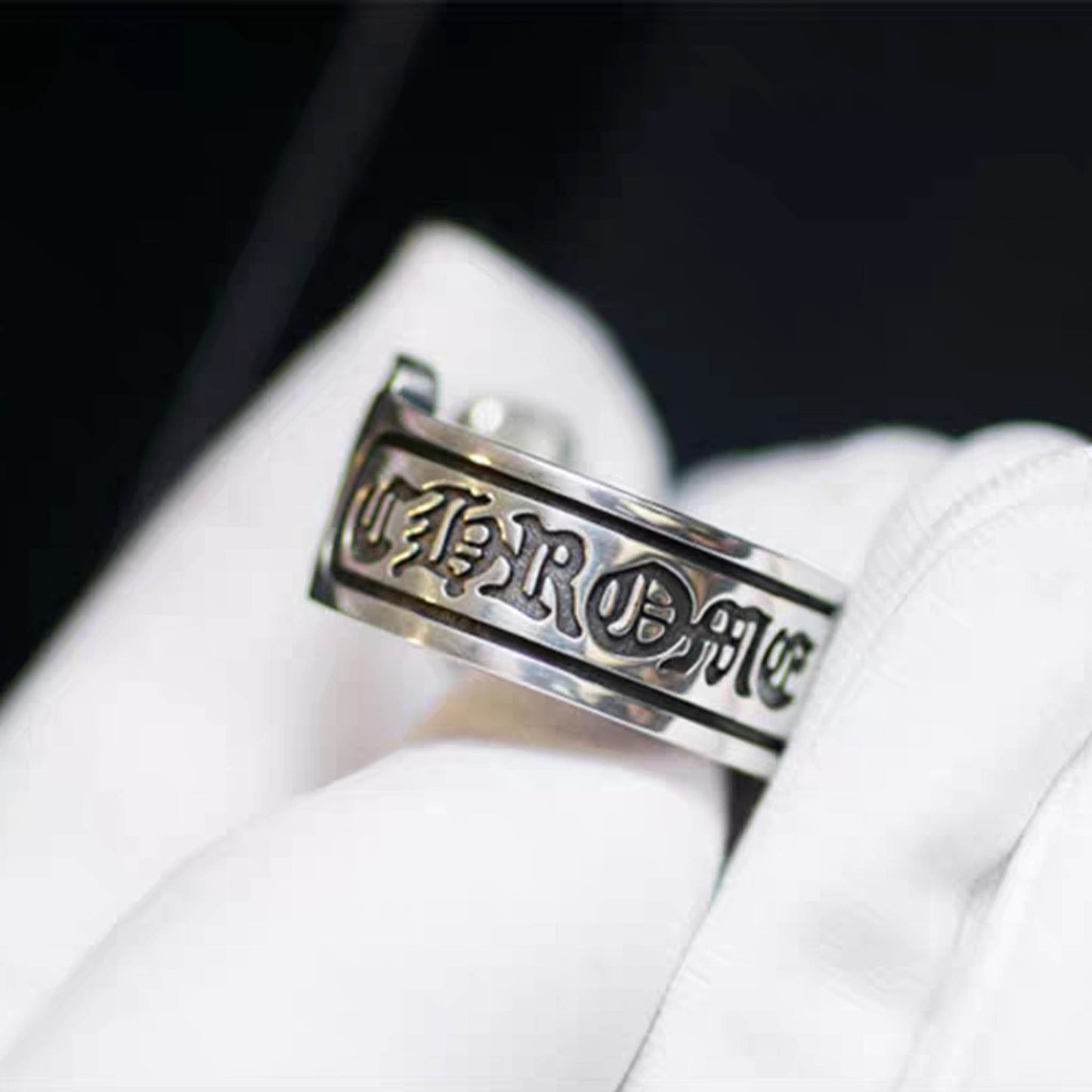 Sterling Silver Couple Rings, Gothic Letters Engraved Reel Ring, Punk Statement Relationship Ring, Horseshoe Open Ring