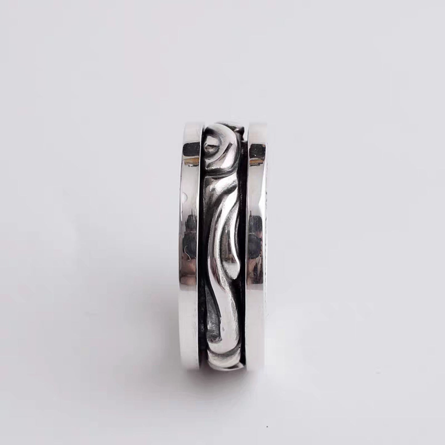 Sterling Silver Rattan Design Spinner Ring, Punk Statement Silver Rings, Romantic Gift for Him