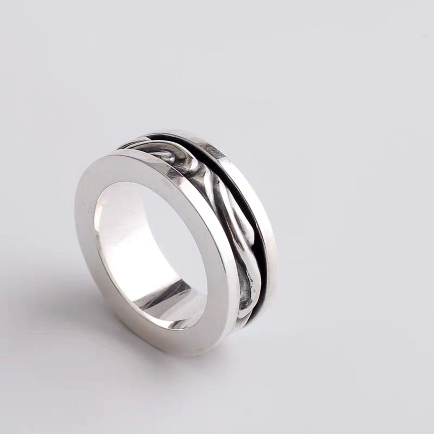 Sterling Silver Rattan Design Spinner Ring, Punk Statement Silver Rings, Romantic Gift for Him