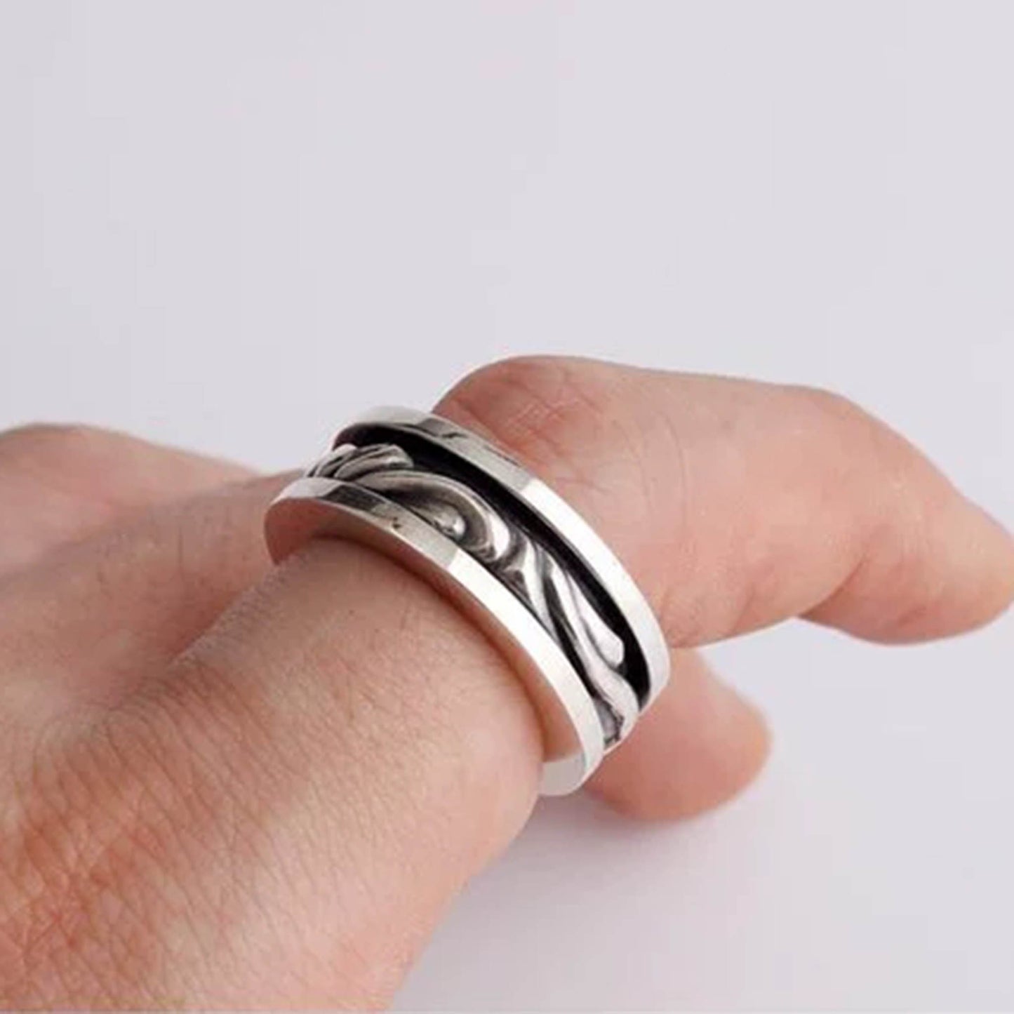 Sterling Silver Rattan Design Spinner Ring, Punk Statement Silver Rings, Romantic Gift for Him