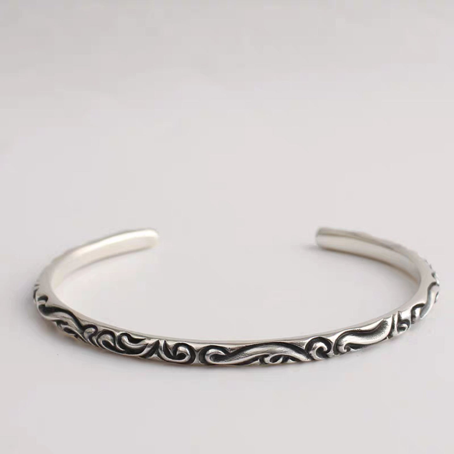 Sterling Silver Open Bracelets, Gothic Rattan Design Bangle, Silver Punk Statement Bracelets