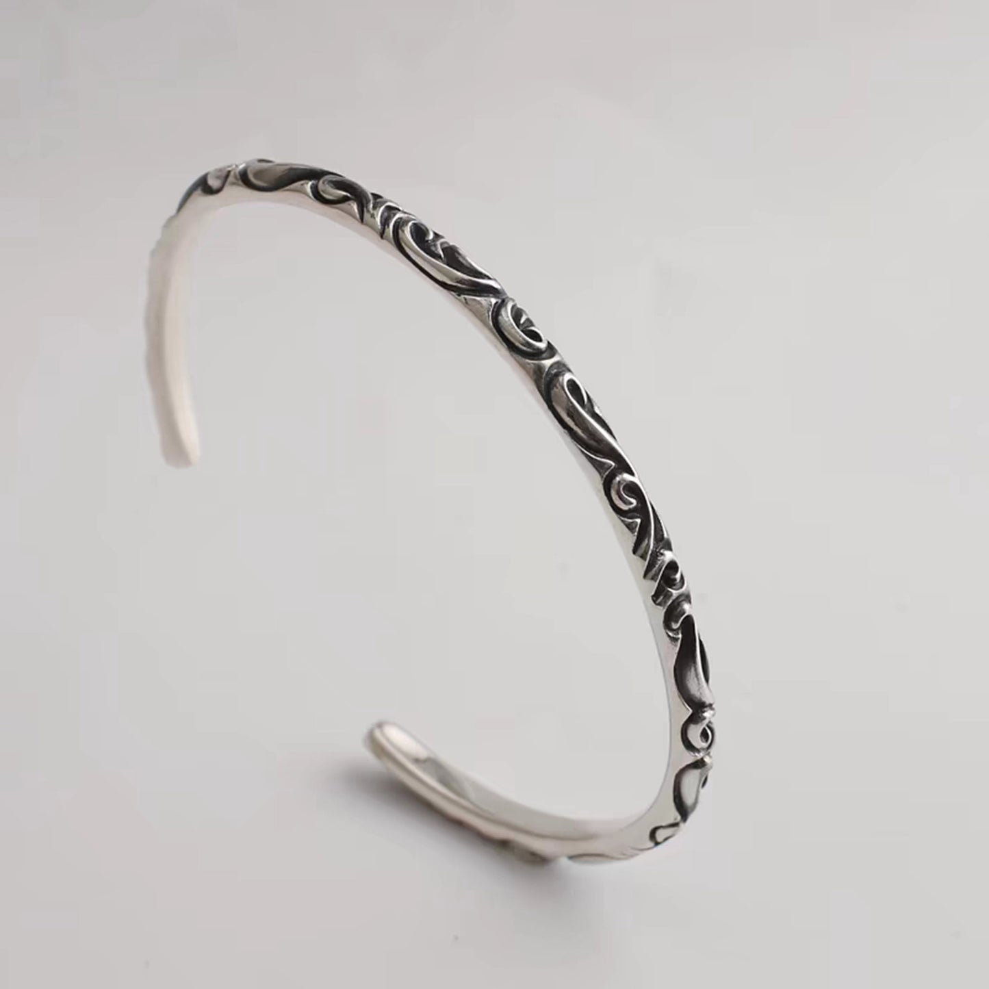 Sterling Silver Open Bracelets, Gothic Rattan Design Bangle, Silver Punk Statement Bracelets