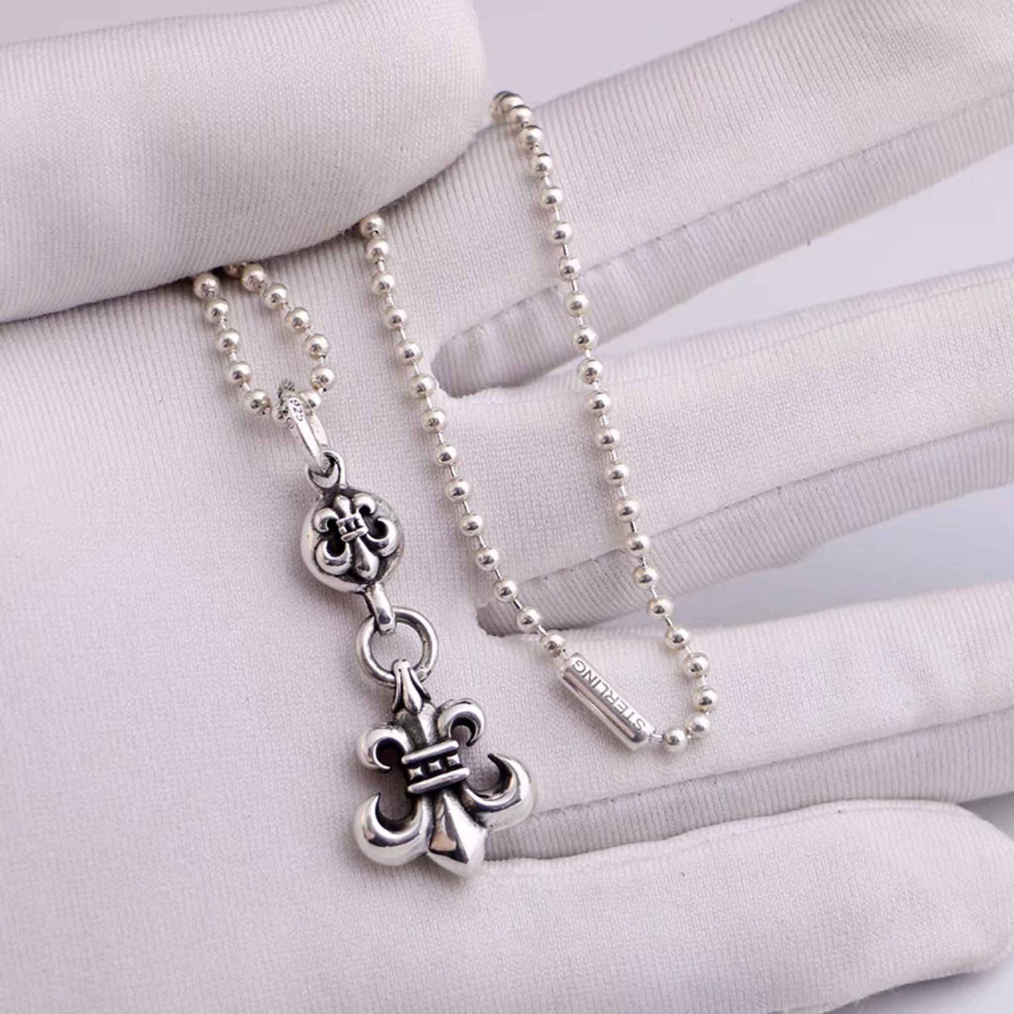 Sterling Silver Necklace Pendant, Silver Punk Scout Flower Ball Chain Necklace Set, Gothic Silver Jewelry